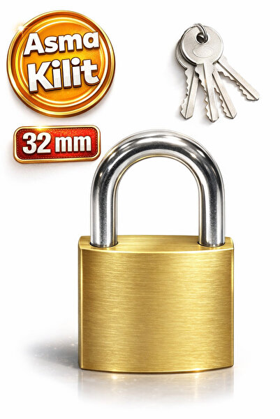 Badem10 Asma Kilit Sarı 32 mm 3 Anahtarlı Halka Kapı Sandık Kutu Kilidi Tosba Kilit