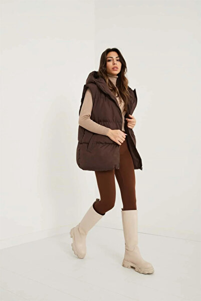 Mitnight Kadın Kapüşonlu Kahve Şişme Yelek