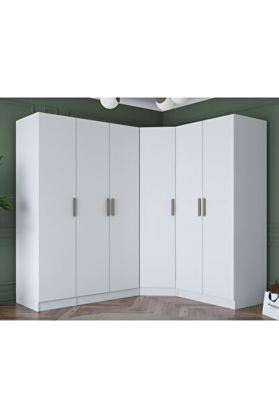 Rani Mobilya Rani BA152 Geniş Köşe Gardırop Elbise Dolabı 6 Kapaklı 16 Raflı 3 Askılı Modüler Dolap Beyaz