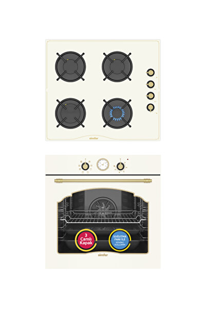 Simfer 9 Fonksiyon Retro Bej 2'li Ankastre Set (Fırın + Ocak)