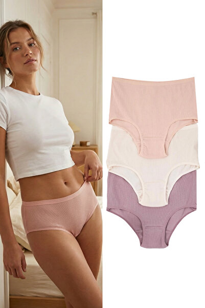 Trendyol Collection Pink-Multicolored 3-Pack Corded Fabric Brief Knitted Panties Thmaw26Ku00030
