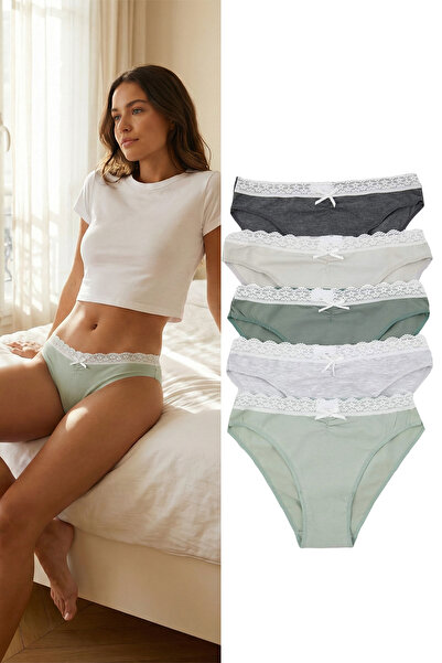 Trendyol Collection Grün-Mehrfarbiges 5-teiliges Strickhöschen aus Baumwollspitze mit Band-/Schleifendetail und Kordelzug THMAW26KU00009