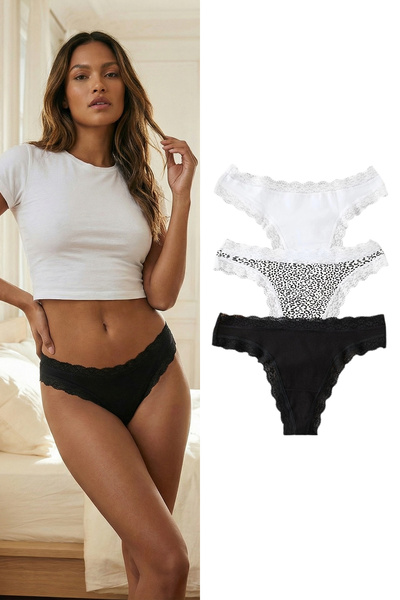 Trendyol Collection Pachet de 3 chiloți tangi din bumbac din dantelă negru-alb-leopard THMSS24KU00003