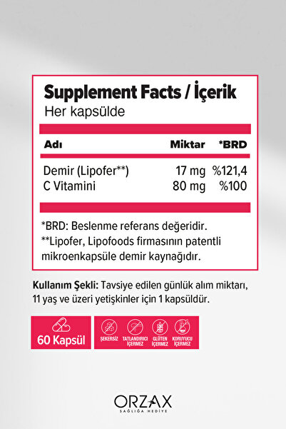 Orzax Ocean Microfer Demir ve C Vitamini 60 Kapsül