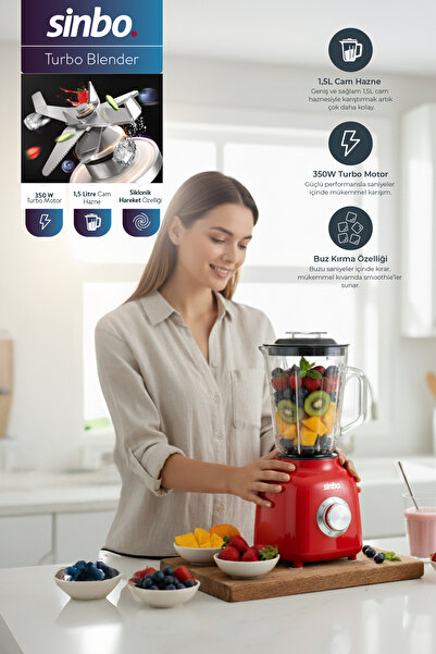 Sinbo SHB-7516 Turbo Blender - Smoothie Blender - 1.5 Litre Cam Hazne-Kırmızı