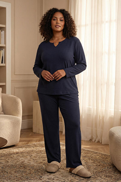 Trendyol Curve Set pijamale tricotate bleumarin cu decolteu în V - TBBAW25AI0...