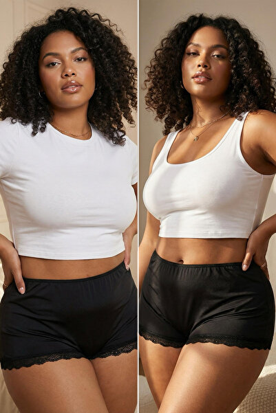 Trendyol Curve Pachet de 2 chiloți negri cu dantelă boxeri Soft Touch Ultra confortabili, mărime mare TBBAW25CM00005