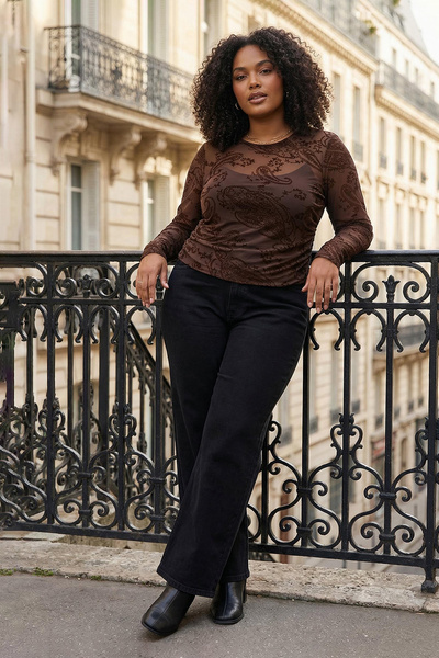 Trendyol Curve New Year Brown Fitted/Fitted to the Body Flocking Printed Tulle Long Sleeve Boat Neck Knitted Tbbaw26Af00130