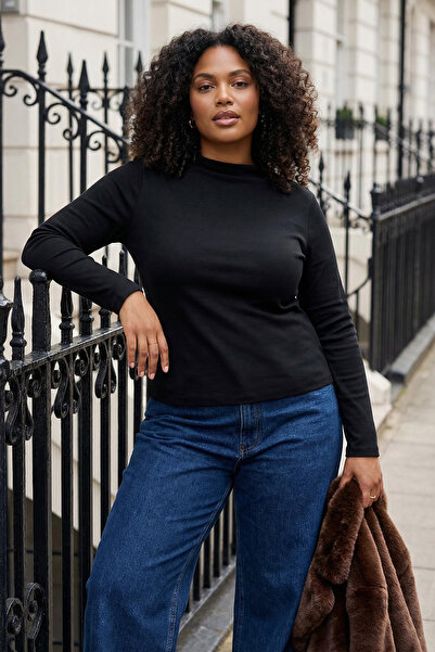 Trendyol Curve Black Ribbed Knitted Plus Size Blouse Tbbaw26Af00134