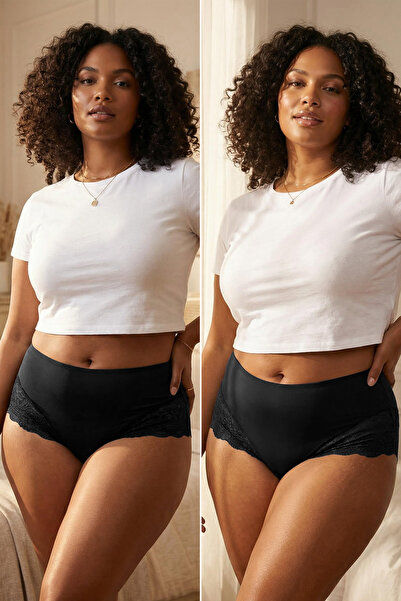 Trendyol Curve Negru, pachet de 2 chiloți cu talie înaltă, din dantelă, tricotat moale, elastic, clasic, mărime mare TBBAW25CM00006