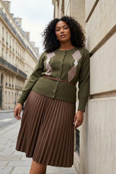 Trendyol Curve Tricotaj cu aspect de jachetă cu model kaki Baklava TBBAW26AV00004