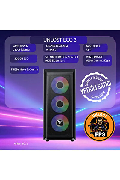 TEBİLON UNLOST ECO 3 AMD RYZEN 7500F-GIGABYTE RX 9060 XT GAMING OC 16GB-A620M-16 GB DDR5-500GB SSD-OEM PAKET