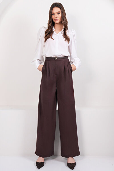 Trend Alaçatı Stili Women's Brown Wide Leg High Waist Pleated Palazzo Pants Alc-X14713