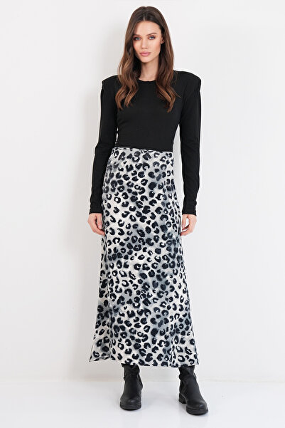 Trend Alaçatı Stili Fusta din satin gri cu imprimeu leopard fermoare pentru f...
