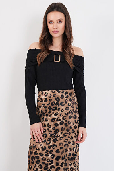 Trend Alaçatı Stili Bluză neagră pentru femei Madonna cu accesorii metalice m...