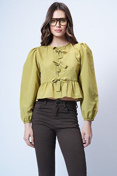 Trend Alaçatı Stili Women's Oil Green Crew Neck Bow Tie Princess Sleeve Popli...