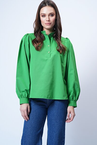 Trend Alaçatı Stili Canlı Yeşil Hakim Yaka Yarım Pat Balon Kol Poplin Gömlek Bluz ALC-X14059