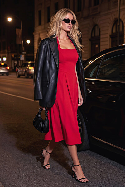 Trendyol Collection Rotes, gewebtes, stilvolles Abendkleid mit Schleife in A-Linie, Nachtabendkleid TPRSS25EL00011