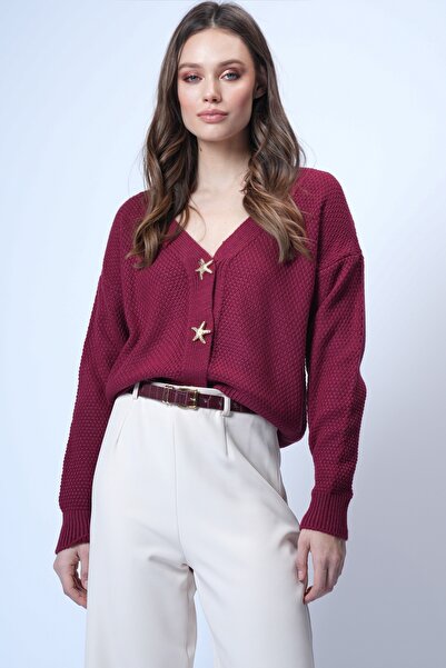 Trend Alaçatı Stili Women's Burgundy Gold Button Detailed V-Neck Knitwear Car...