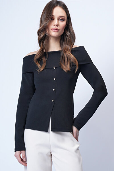 Trend Alaçatı Stili Γυναικεία μαύρη πλεκτή μπλούζα με λαιμόκοψη Madonna με σχισμή μπροστά Alc-X14527