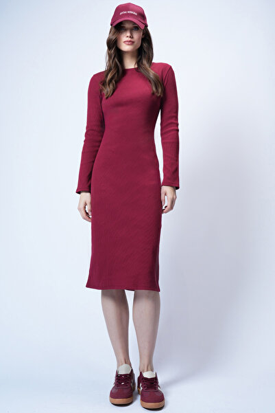 Trend Alaçatı Stili Rochie de damă Bordeaux guler rotund Lungime Midi din mat...