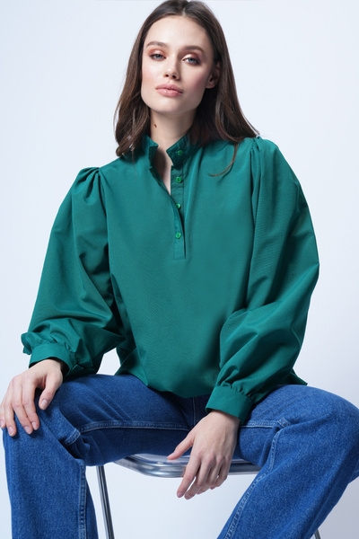 Trend Alaçatı Stili Дамска блуза от поплин в смарагдовозелено с якичка и полу...