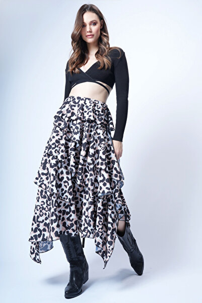 Trend Alaçatı Stili Kadın Leopar Kat Kat Volanlı Maxi Boy Dokuma Etek ALC-X14749