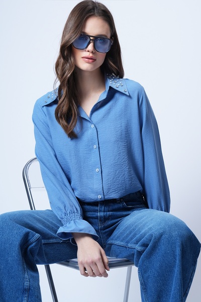 Trend Alaçatı Stili Women's Indigo Pearl and Stone Embroidered Aerobin Shirt ...