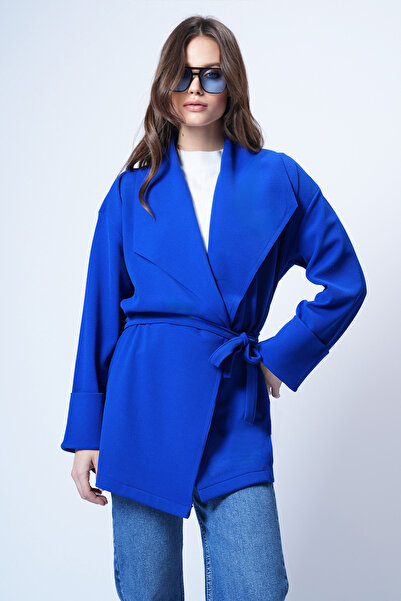 Trend Alaçatı Stili Women's Cobalt Shawl Collar Self Textured Belted Long Coat Alc-X14481