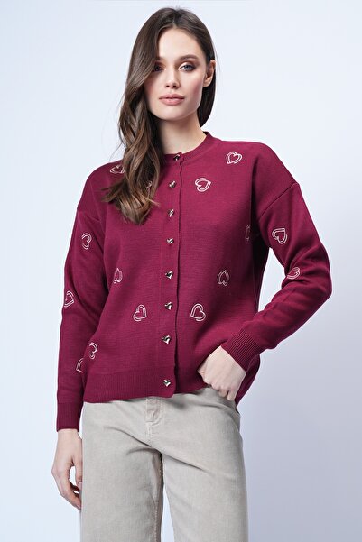 Trend Alaçatı Stili Women's Burgundy Crew Neck Heart Embroidered Knitwear Car...