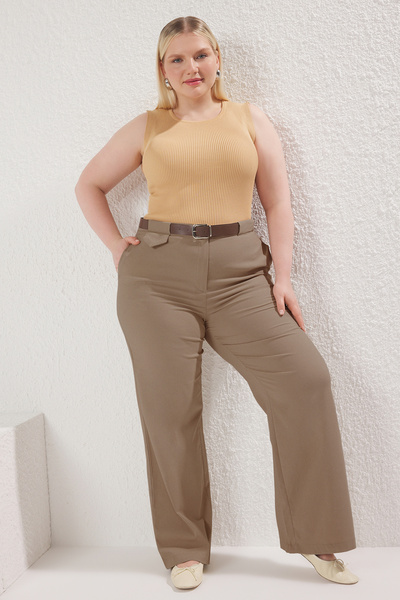 Trendyol Curve Beige Belt Woven Large Size Pants Tbbss25Ar00036