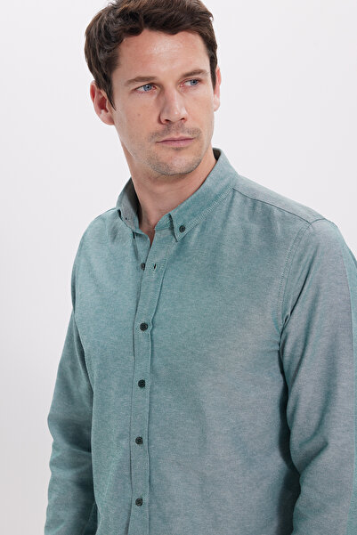 Tudors Erkek Slim Fit Dar Kesim Uzun Kollu Pamuklu Oxford Doku Kolay Ütü Yeşi...