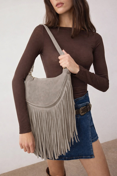 TRENDYOL SHOES Nerzfarbene Damen-Umhängetasche aus Premium-Echtleder mit Quas...