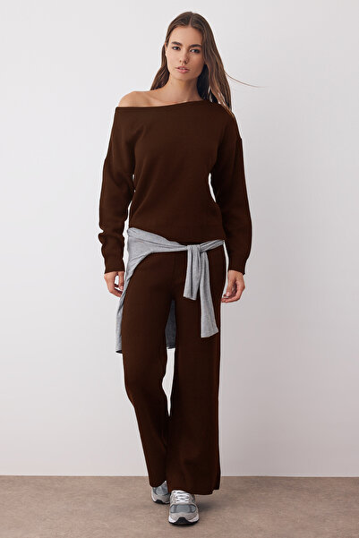 Trendyol Collection Brown Boat Neck Sweater-Pants Knitwear Bottom - Top Set Twoaw26Au00043
