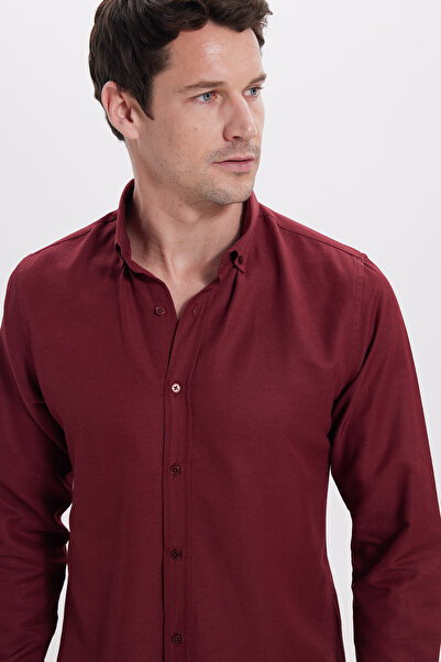 Tudors Slim Fit Uzun Kollu Düğmeli Yaka Pamuklu Kolay Ütü Düz Erkek Gömlek