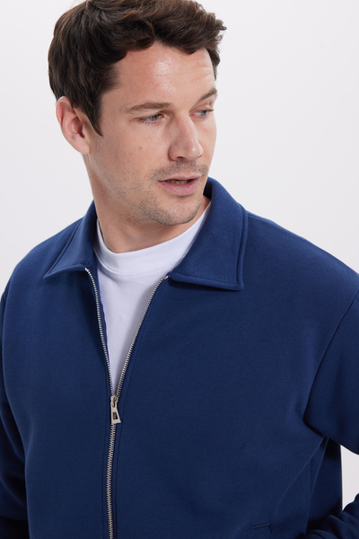 Tudors Unisex Relax Fit Comfortable Cut Cotton Inner Fleece Zippered Navy Blue Polo Neck Flato Pocket Sweatshirt