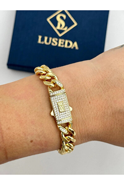 Luseda Gurmet Zincir Gold Kaplama 17CM Zirkon Taşlı Çelik Bileklik