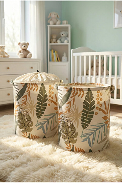 PRENDİ HOME لعبة متعددة الأغراض وسلة غسيل بنمط أوراق الشجر مكونة من قطعتين مع شبكة وبدون شبكة مقاس 37 × 40