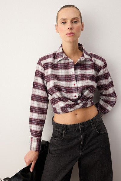 Trendyol Collection Burgundy-Multicolored Plaid Tie Back Flannel Shirt Twoaw26Go00128