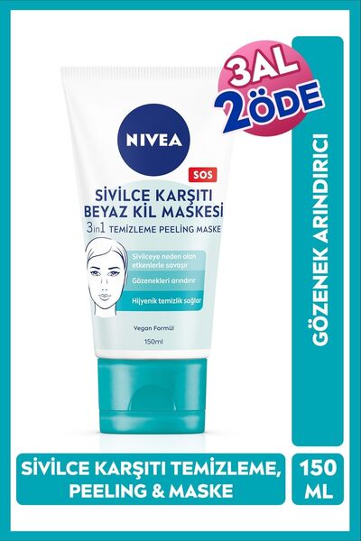 NIVEA Sivilce Karşıtı Beyaz Kil Maskesi 150 ml,Gözenekleri,Syah Noktaları Arındırır,Tüm Cilt Tipleri