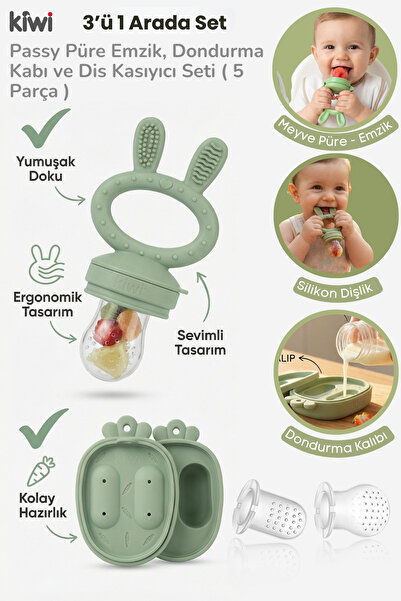 Kiwi Passy Püre Emzik ve Diş Kaşıyıcı Bebek Meyve Süzgeci+Buz Kalıbı- Olive