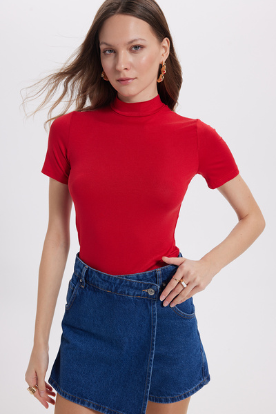 Tudors Γυναικεία κοντομάνικη μισή ζιβάγκο κόκκινη μπλούζα
