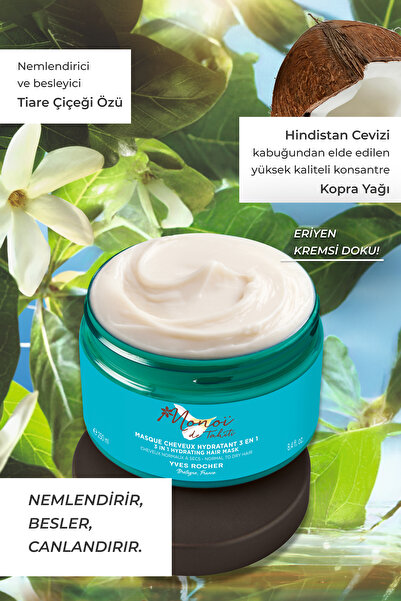Yves Rocher Nemlendirici 3'ü 1 Arada Prebiyotik Saç Maskesi-Normal ve Kuru Saçlar/Monoi de Tahiti-Vegan-250ml