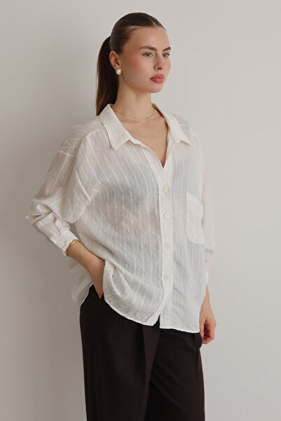 Trendyol Collection White Striped Oversized /Wide Fit Textured Shirt Twoaw26Go00083