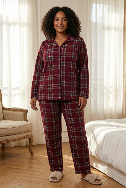 Trendyol Curve Burgundy Plaid Shirt Collar Fleece Plus Size Pajama Set