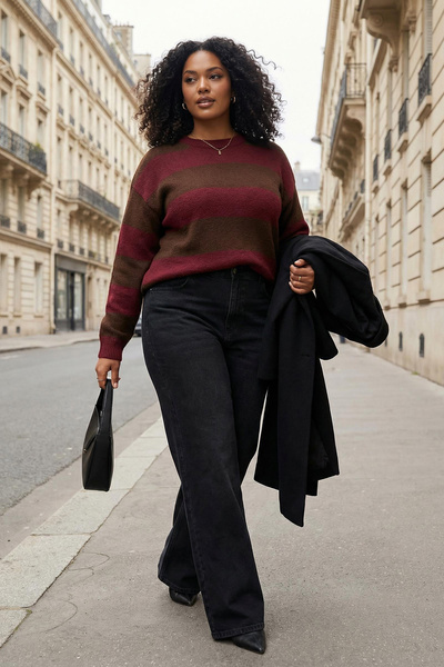 Trendyol Curve Burgundy Striped Crew Neck Knitwear Sweater Tbbaw26An00005