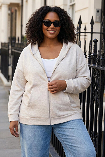 Trendyol Curve Elemente esențiale pentru garderoba Bej Melange cu glugă din material subțire Swea tricou TBBAW26AO00051