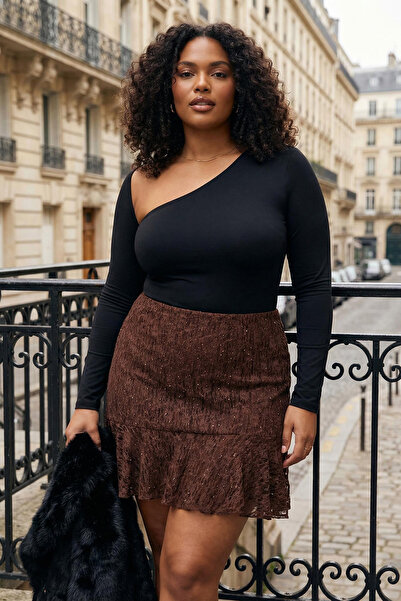 Trendyol Curve Dark Brown Skirt Flying Ruffle Knitted Lace Plus Size Skirt Tbbaw26Az00047