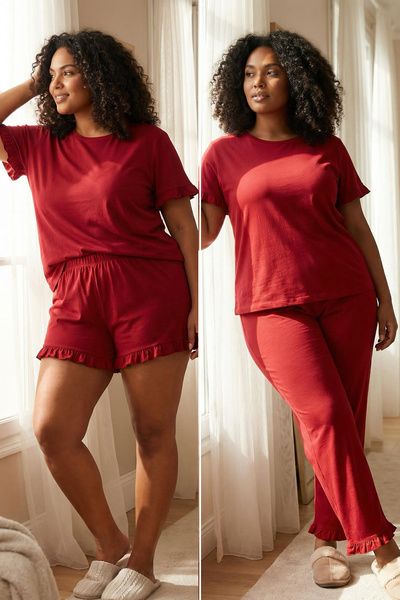 Trendyol Curve Burgunderrotes Pyjama-Set mit Rüschen und Rundhalsausschnitt, 3-teilig, TBBSS25AI00093