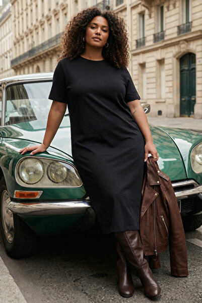 Trendyol Curve Czarna sukienka maxi/długa dzianinowa - okrągły dekolt i rozcięcie 100% bawełna TBBSS23AH00159